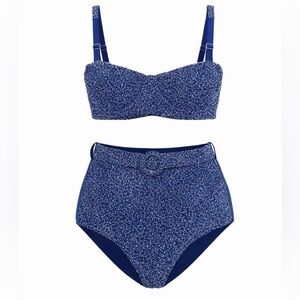 Oceanus Persephone Beaded Bikini Set Navy Luxury High Waist Swimwear
